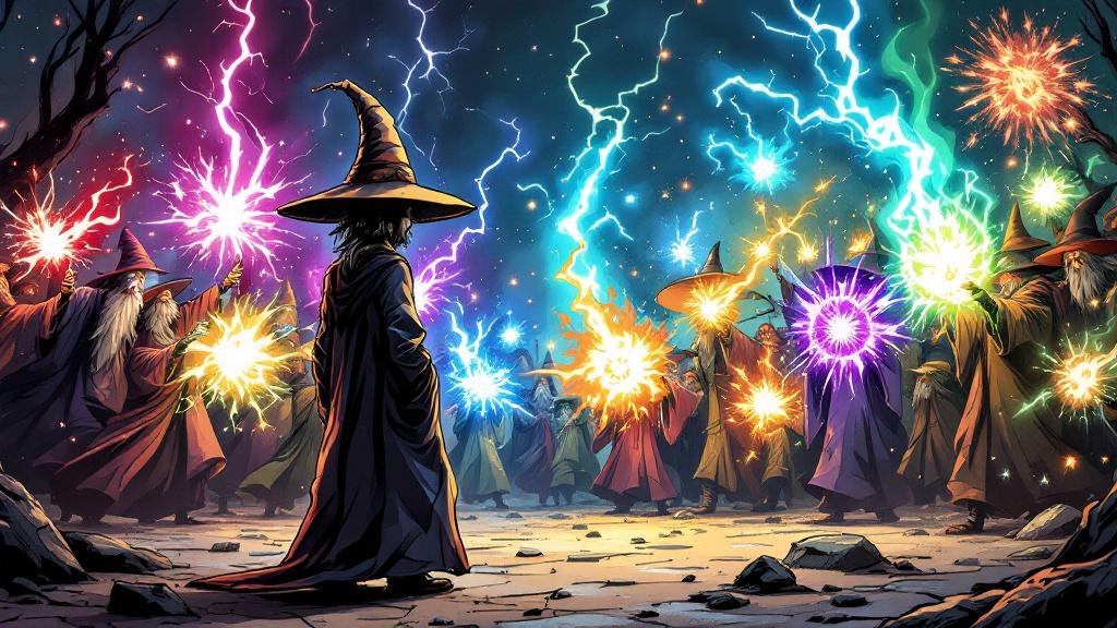 Rincewind standing alone among powerful wizards casting spectacular spells, his hat reading Wizzard, completely un-magical