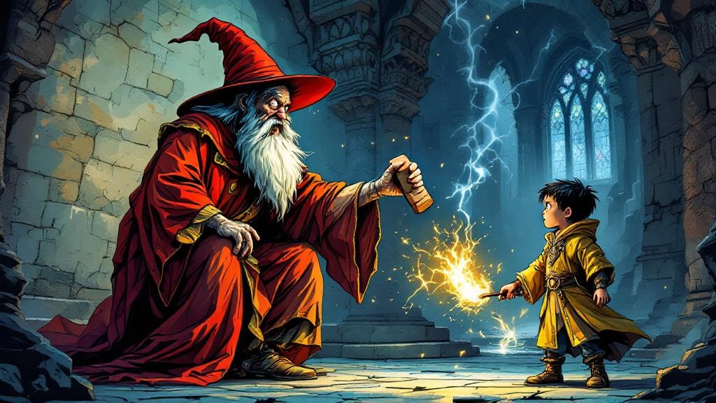 Rincewind facing the young sourcerer Coin in a tower of magic, wielding only a sock with a brick in it