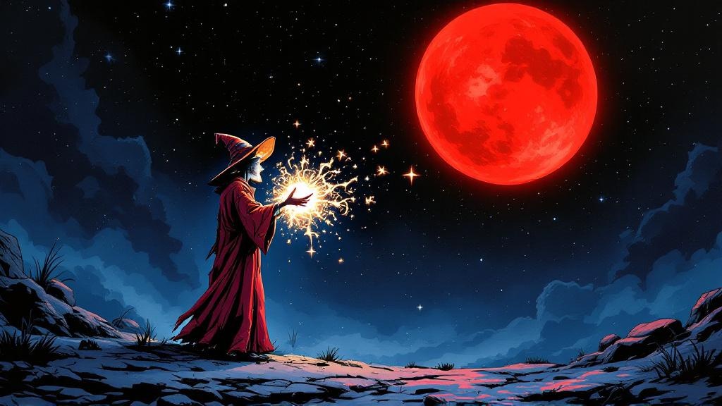 Rincewind with a spell glowing visibly in his head, a massive red star looming ominously in the night sky