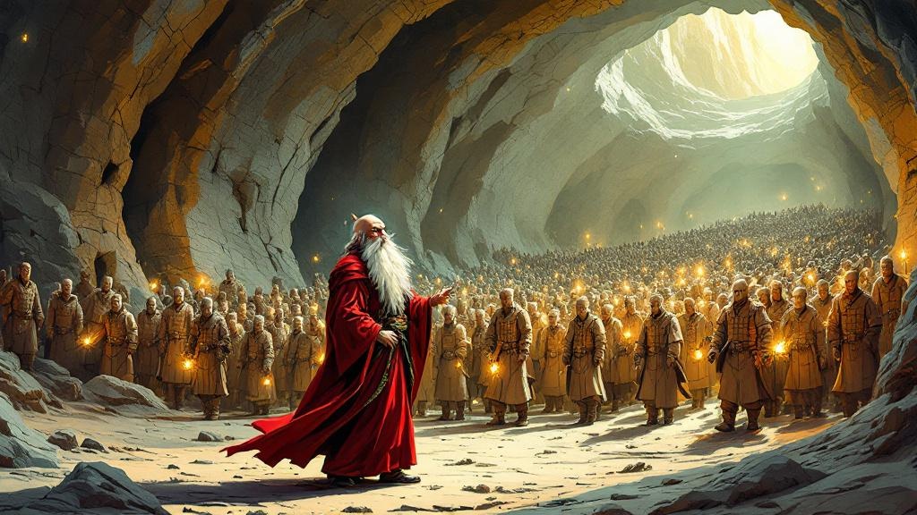 Rincewind in magical armor accidentally commanding an army of terracotta warriors to life