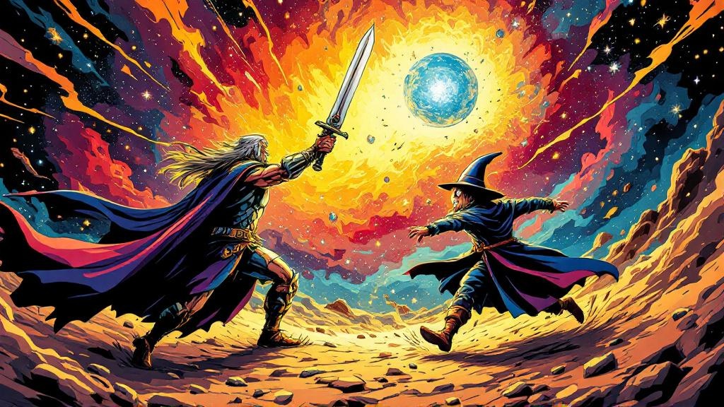 A cosmic scene showing the Eternal Champion standing heroically while the Eternal Coward runs away - both equally important to the universe