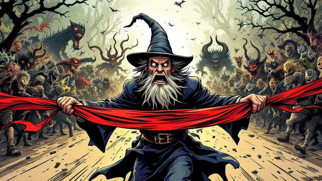 Rincewind crossing a marathon finish line looking exhausted and terrified, with monsters chasing him in the distance