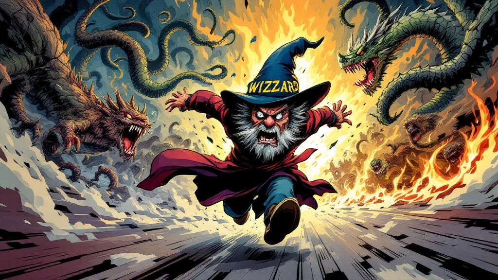 Rincewind running at full speed through a gauntlet of dangers - dragons, demons, and trolls all failing to catch him