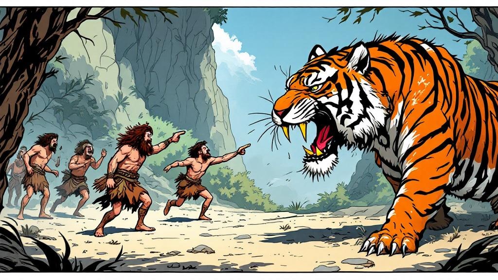 Cavemen reacting to a saber-toothed tiger - some fleeing in panic, one standing bravely about to become lunch