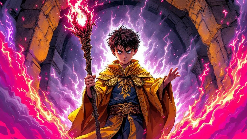 Young Coin the sourcerer surrounded by overwhelming magical energy, looking small and frightened despite his immense power