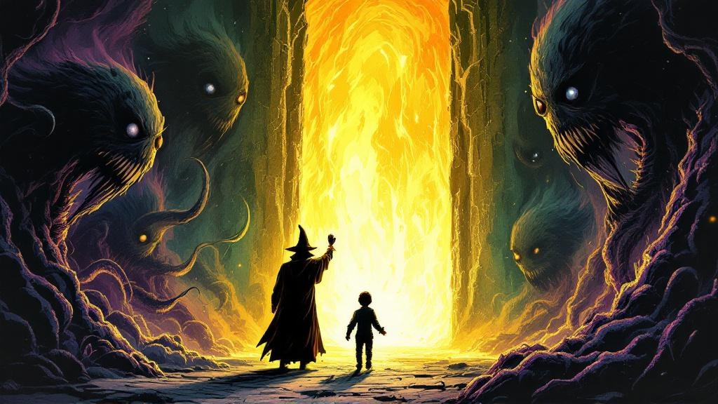 Rincewind facing shadowy eldritch Things in a nightmarish dimension as a bright portal closes behind a fleeing child
