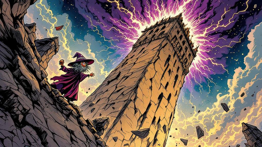 Rincewind climbing a crumbling magical tower, sock weapon in hand, magical energy crackling in the sky above