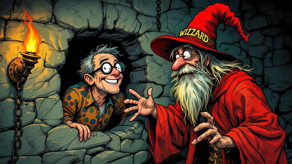 Rincewind and Twoflower reunited in a dungeon cell, Twoflower grinning while Rincewind looks exasperated
