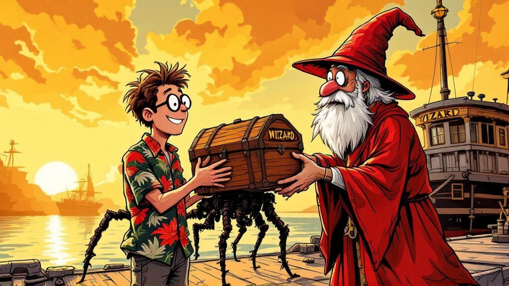 Twoflower handing over The Luggage to a surprised Rincewind, the sentient chest opening its lid hopefully
