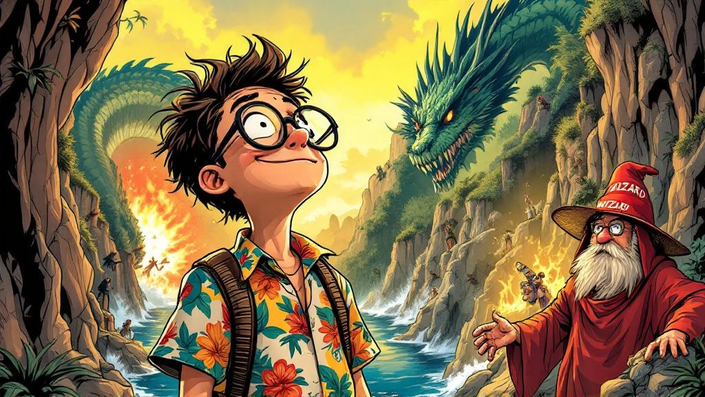 Twoflower gazing in wonder at a dangerous Discworld landscape while Rincewind looks terrified behind him