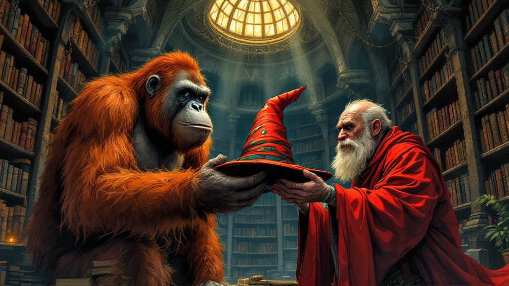 A large orangutan in a dim library full of towering bookshelves solemnly handing a battered, floppy red pointy hat to a relieved, scruffy, bearded wizard