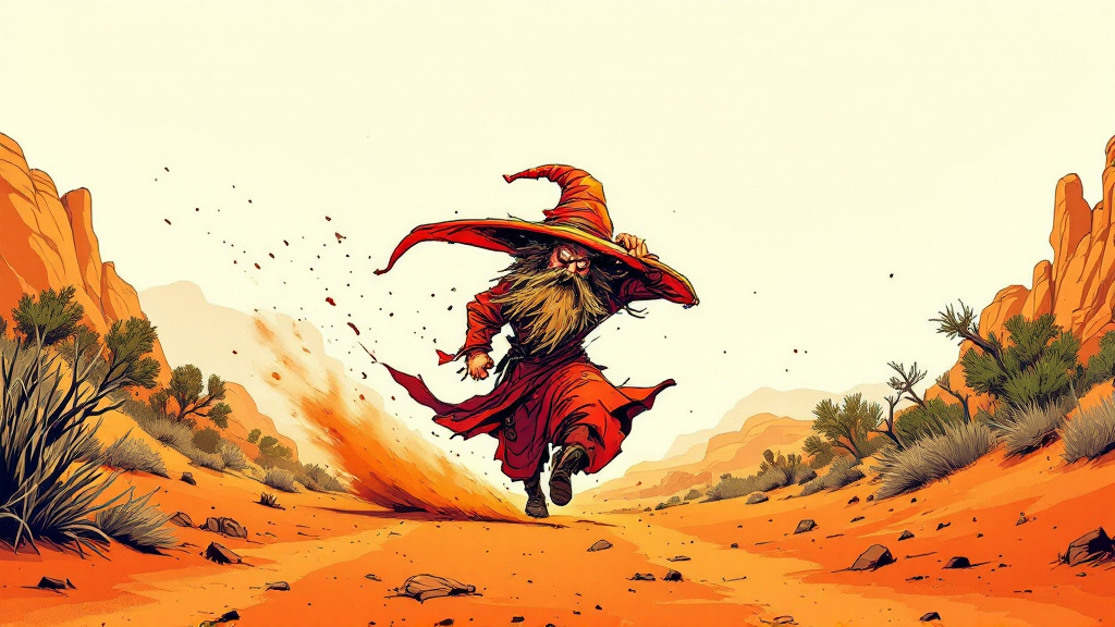 A gaunt wizard in tattered red robes sprinting across a red desert under a blazing sun, one hand clamped on top of his floppy pointy hat to stop it blowing away