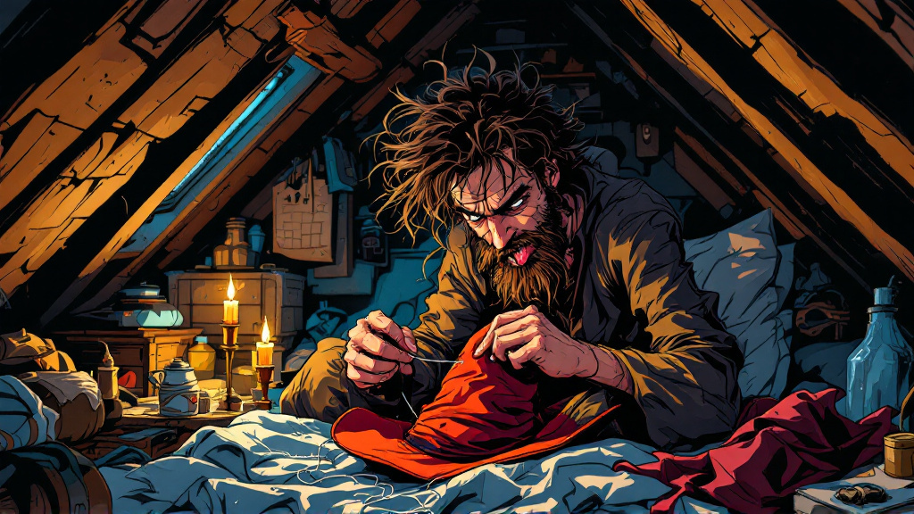 A scruffy, bearded man hunched on a narrow bed in a cramped attic, stitching thread into a floppy red pointy hat by candlelight, tongue out in concentration