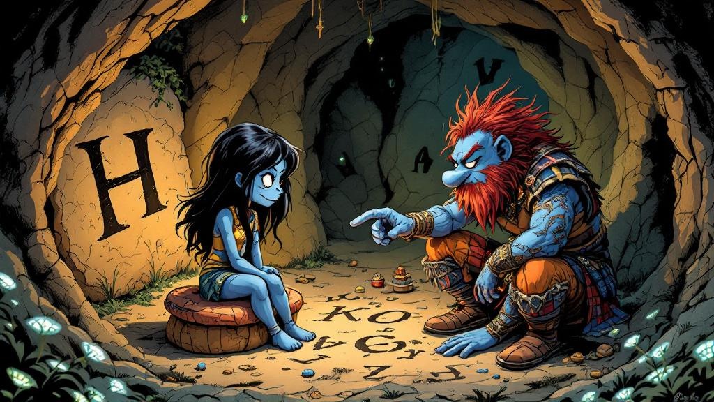 Jeannie the kelda sitting in the Feegle mound showing Rob a letter carved in stone while he squints at it with both determination and dread