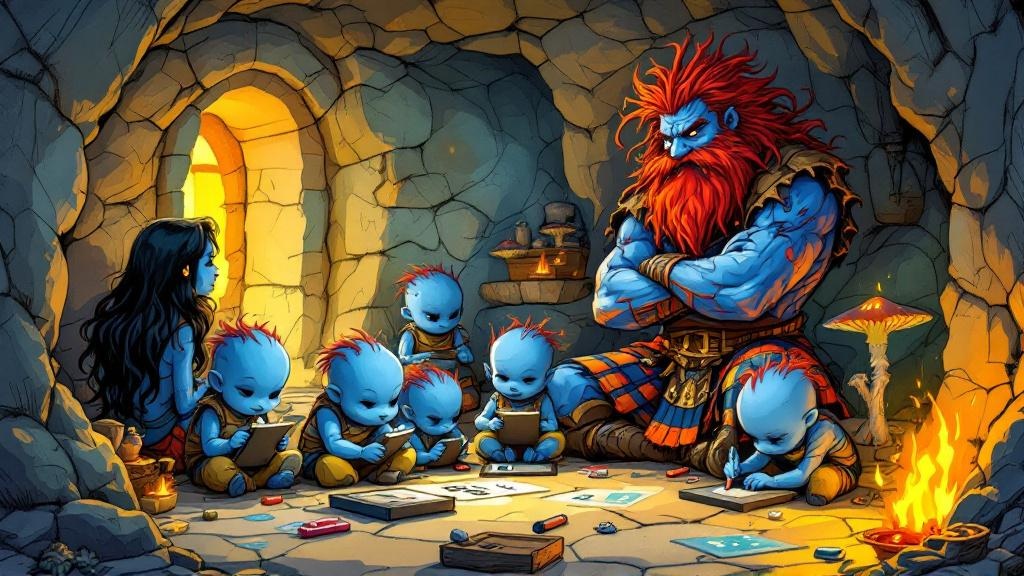 Rob Anybody watching proudly as young Feegles practice their letters on slate tablets in the mound, Jeannie beside him