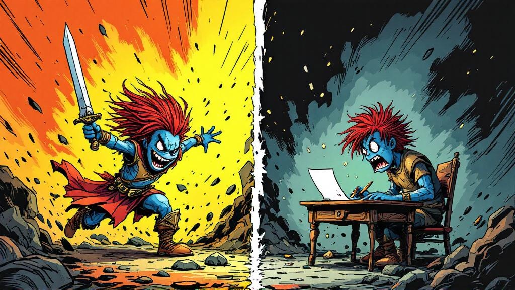 A dramatic split image showing Rob Anybody charging into battle with his sword on one side, and nervously holding a pencil on the other, the pencil side looking far more frightening