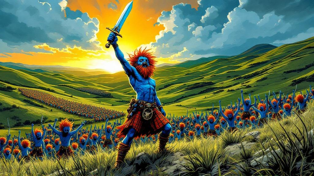 Rob Anybody standing on a hilltop, sword raised, leading hundreds of tiny blue warriors in a battle cry