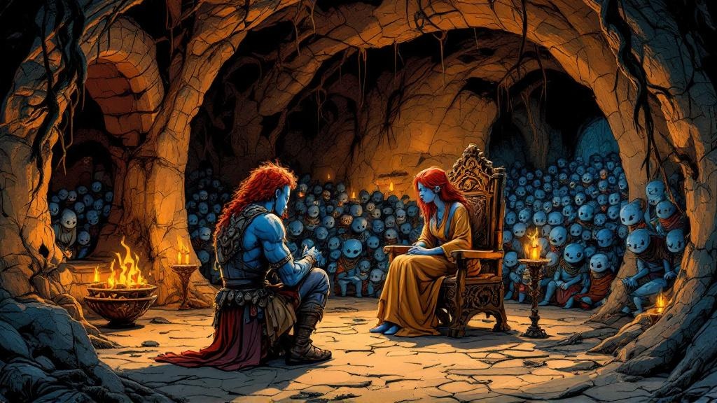 Rob Anybody kneeling respectfully before Jeannie in the underground Feegle mound, surrounded by hundreds of watching brothers