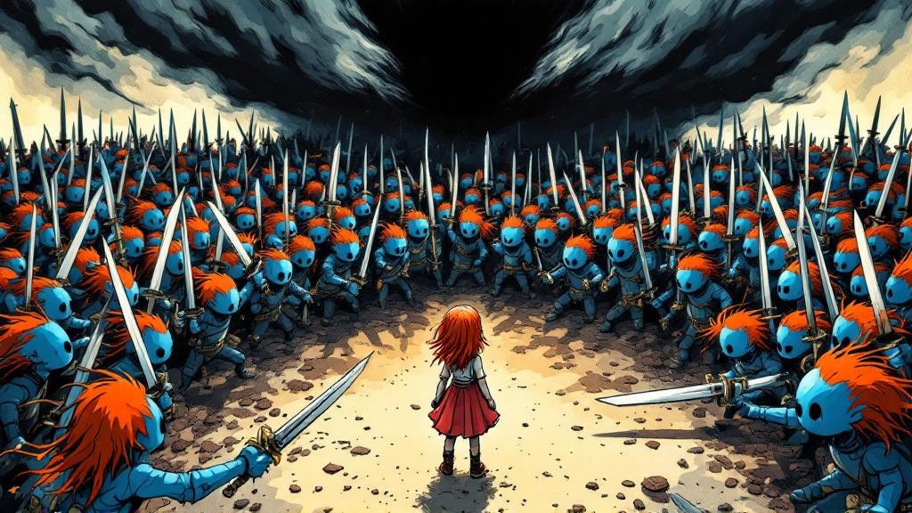 Rob Anybody and his brothers forming a protective ring around Tiffany Aching while facing down a shadowy threat