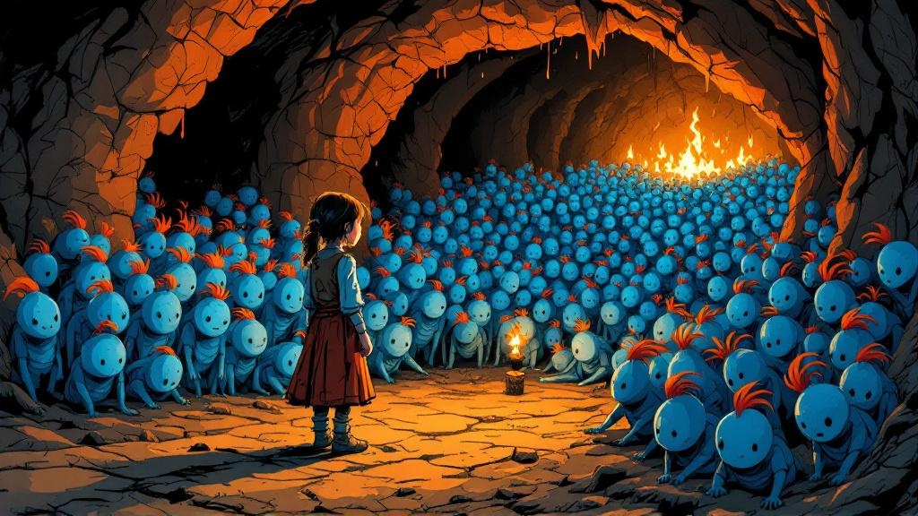 Young Tiffany Aching standing before the assembled Feegle clan in their underground mound, small but determined