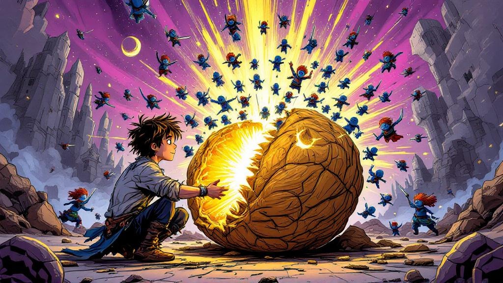 A bewildered teenage boy cracking open a massive glowing walnut while tiny blue warriors burst out in all directions, with a dreamlike Fairyland backdrop