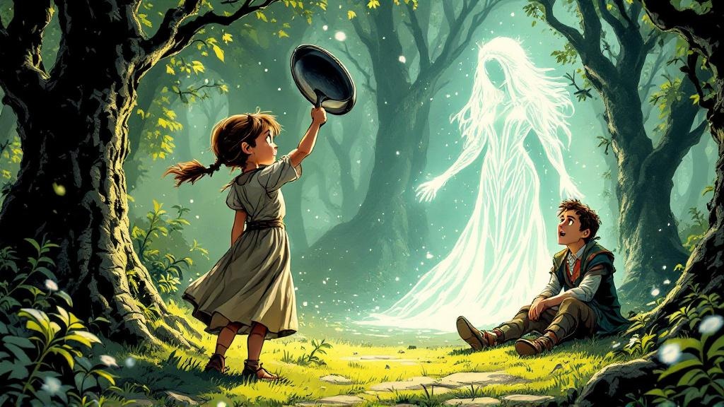 A nine-year-old girl wielding a cast-iron frying pan faces down a glittering elf queen in an enchanted forest, while a dazed teenage boy sits on the ground behind her
