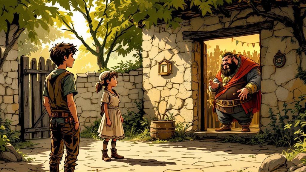 A teenage boy speaking earnestly to a young girl in a farmyard, while in the background through an open doorway a portly baron addresses a crowd