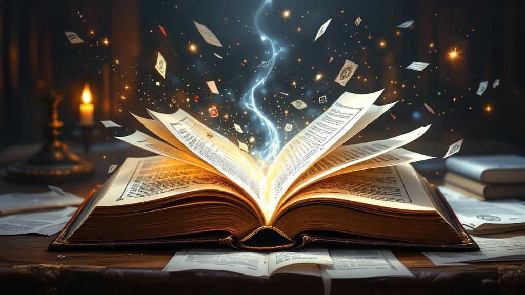 A fantasy book with pages transforming into official government documents and policy papers