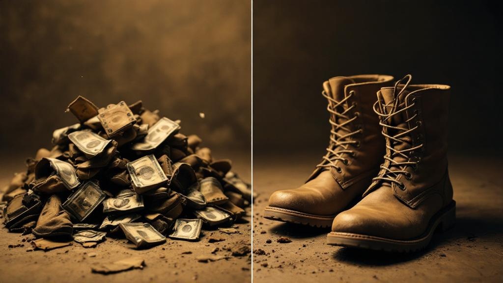 Split comparison showing cheap boots falling apart with replacements piled behind, versus one quality pair lasting years