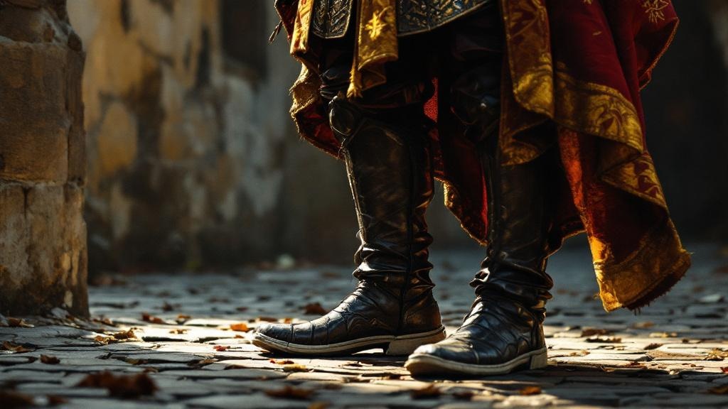 A distinguished man in noble clothing but simple thin-soled boots, feeling the cobblestones beneath his feet