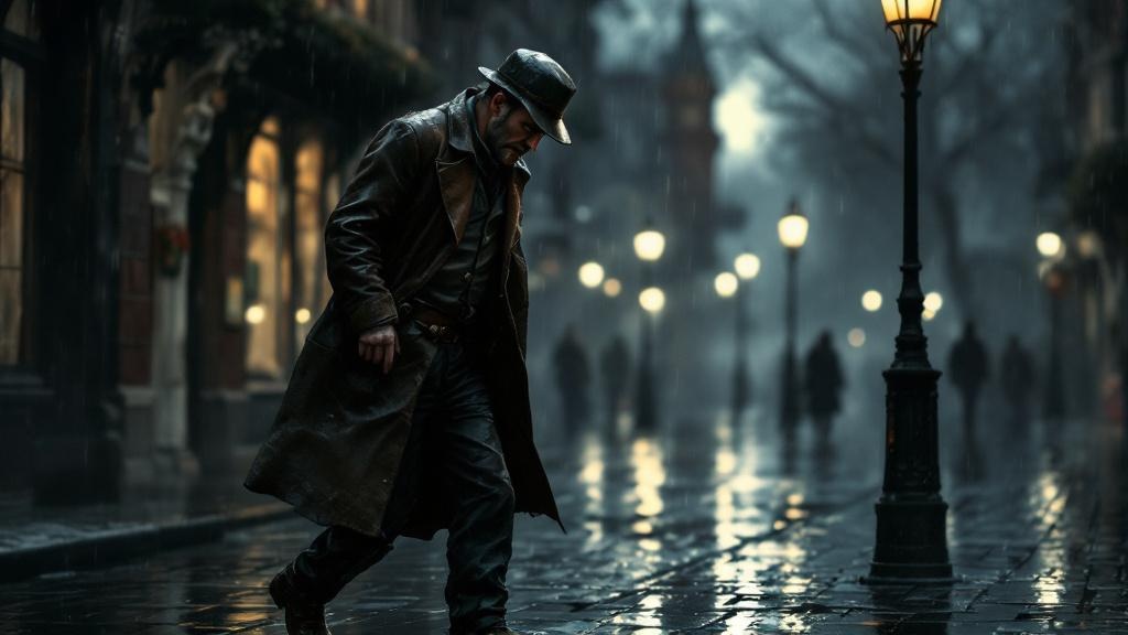 A weathered watchman walking night patrol on rain-slicked cobblestones, looking down at his worn-out boots with water seeping through