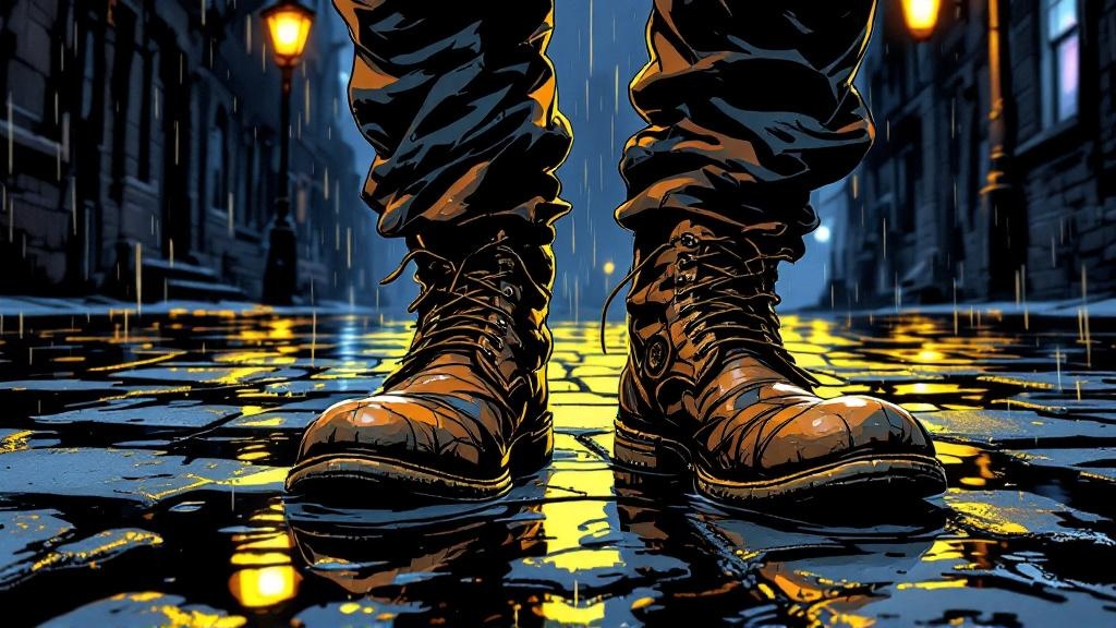 A pair of worn-thin boots on rain-slicked cobblestones, the stones visible through the translucent soles