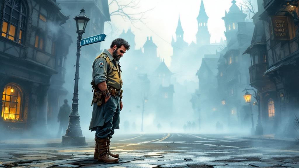 Sam Vimes standing at a foggy crossroads looking uncertain, wearing expensive thick-soled boots, the cobblestones invisible beneath them