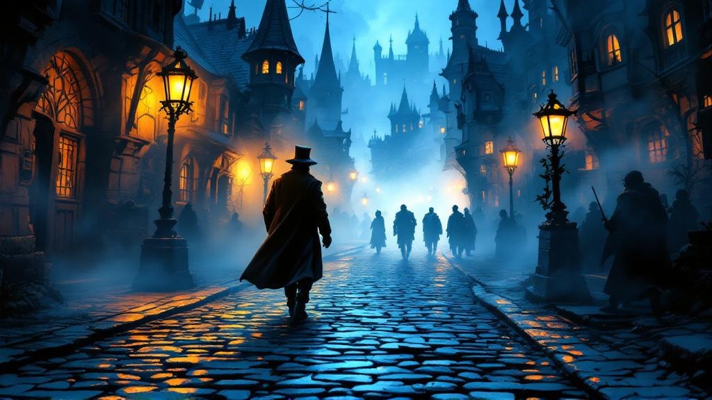 A lone watchman walking through fog-shrouded Ankh-Morpork streets at night, the different textures of cobblestones visible beneath his boots