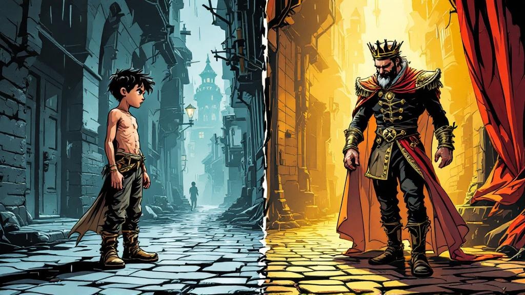 A split image showing a ragged young boy on grimy cobblestones on the left and a reluctant nobleman in a ducal coronet on the right, both unmistakably the same person