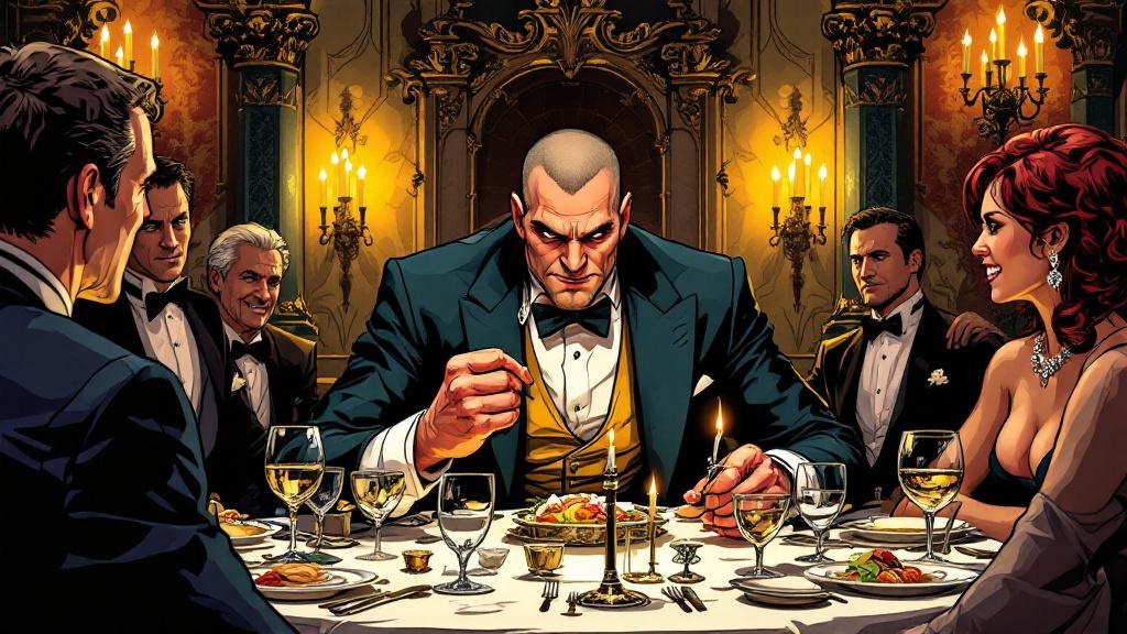 Sam Vimes in uncomfortable formal attire at a grand dinner table, looking like he'd rather arrest everyone present