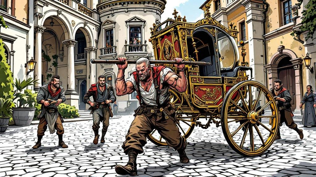 A nobleman in plain clothes stubbornly carrying one leg of an ornate sedan chair while bewildered servants carry the rest