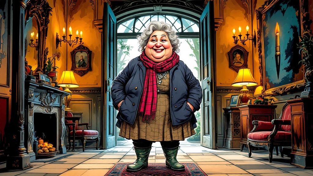 A large cheerful noblewoman in rubber boots and a threadbare tweed skirt standing confidently in a grand but shabby manor house, surrounded by dragon pens