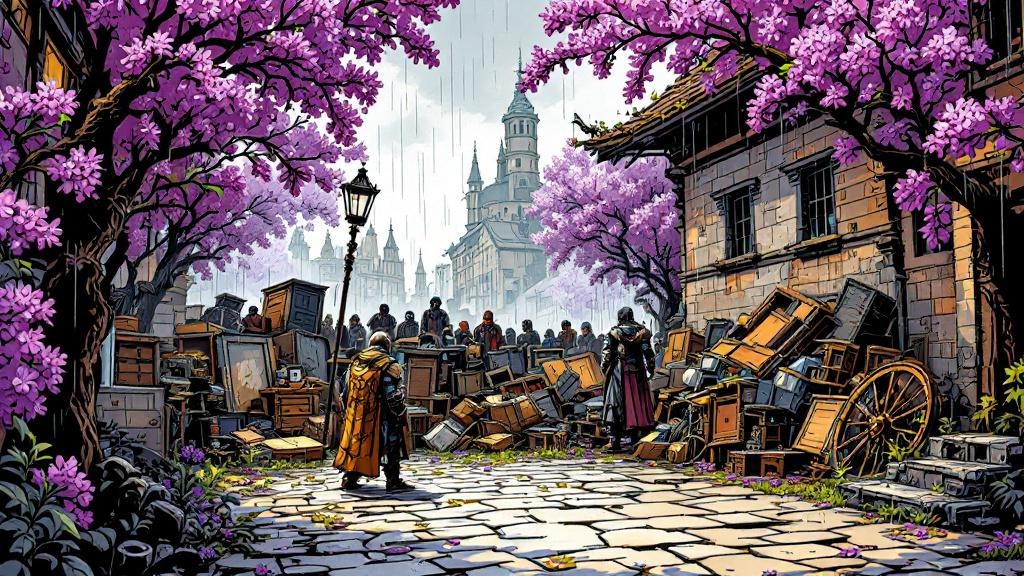A makeshift barricade of furniture and carts blocking a city street, lilac flowers blooming along the edges, watchmen standing guard in the rain