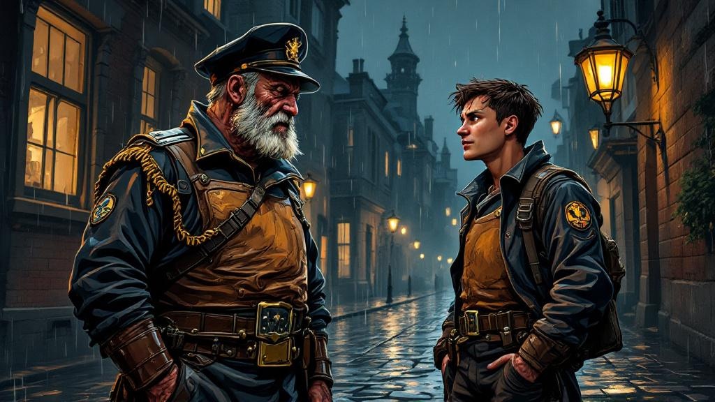 An older watchman in a sergeant's uniform teaching a young copper on rainy cobblestone streets at night, lamplight reflecting off wet stones