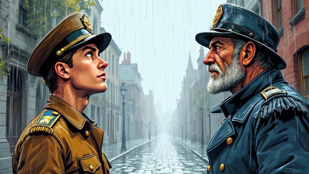 Split image showing young Sam Vimes looking up with idealism meeting older Sam Vimes' harder, knowing gaze across a rain-slicked street
