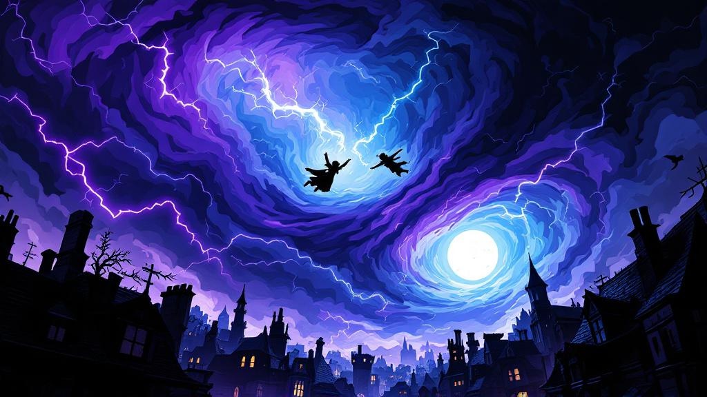 Two figures falling through a swirling lightning storm above the rooftops of Ankh-Morpork, caught between past and present