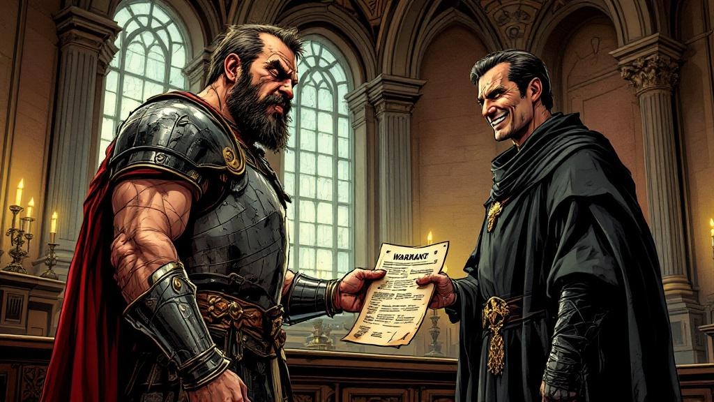 Sam Vimes reluctantly placing Lord Vetinari under arrest, with the Patrician looking calm and slightly amused