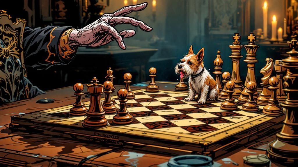 A chessboard with conventional pieces on one side and a terrier dog standing among them on the other, refusing to stay on its square