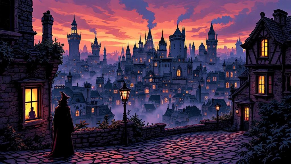 Ankh-Morpork cityscape at dusk, two silhouettes visible in separate windows of the palace and the Watch House, both looking out over the same city