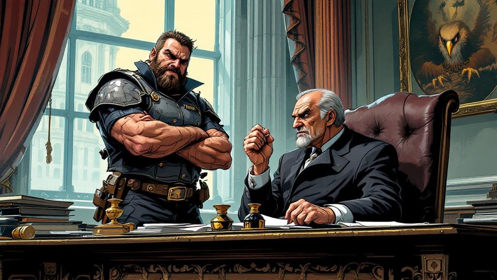 Sam Vimes standing defiantly before Lord Vetinari's desk in the Oblong Office, both men locked in a tense conversation