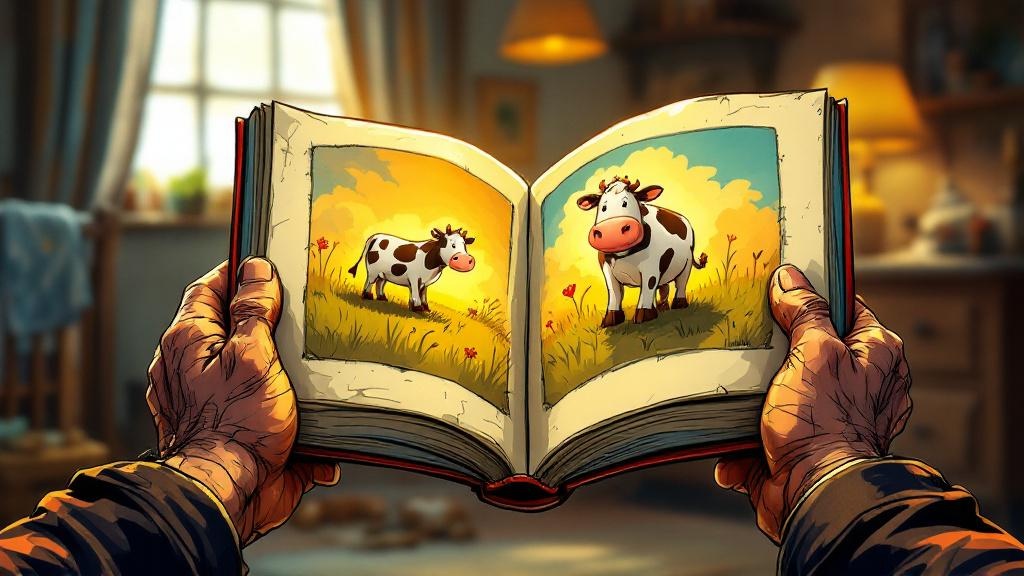 A pair of hands holding open a colorful children's picture book, with a warm lamplight glow and a child's bedroom in the background