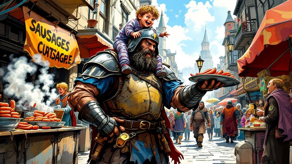 A burly watchman pointing dramatically at a confused street vendor while a toddler on his shoulders laughs, surrounded by the chaotic stalls and characters of a fantasy city market