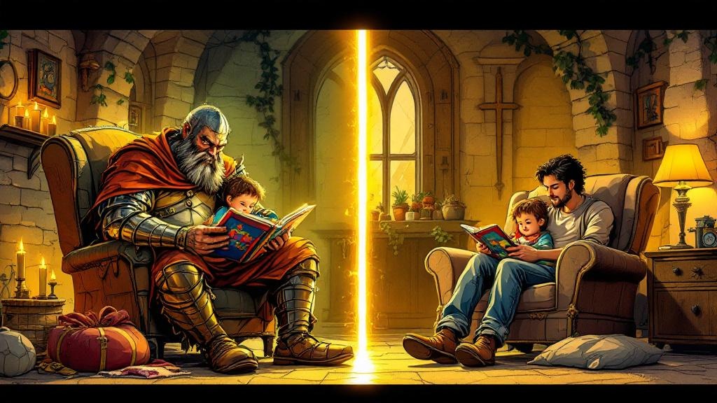 A split image showing Sam Vimes reading to his son on one side, and a real parent reading the same picture book to their child on the other, both bathed in warm lamplight