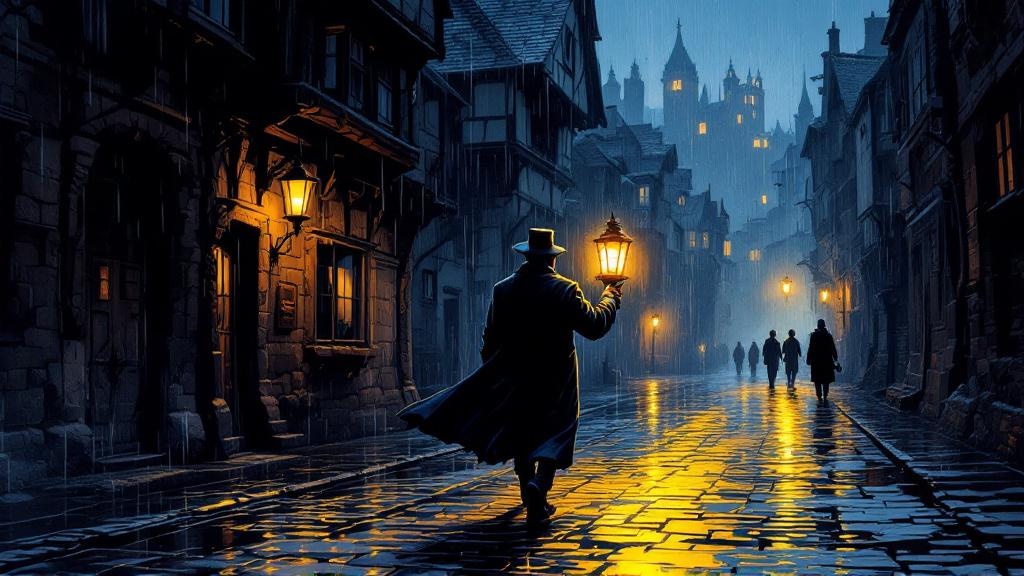 A lone watchman walking rain-slicked city streets at night, carrying a lantern that casts warm golden light against the darkness